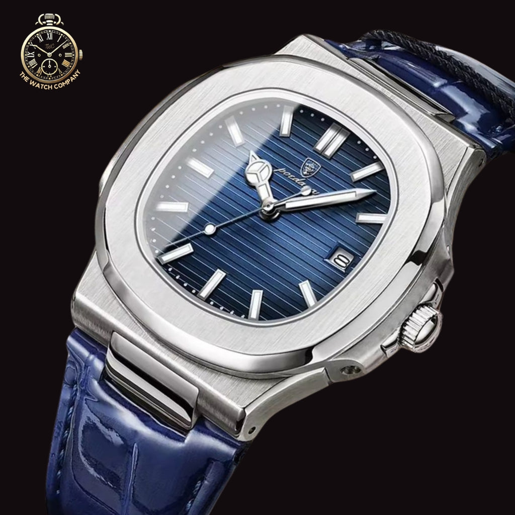 Luxury Blue Dial Automatic Watch – Stainless Steel Case & Leather Strap
