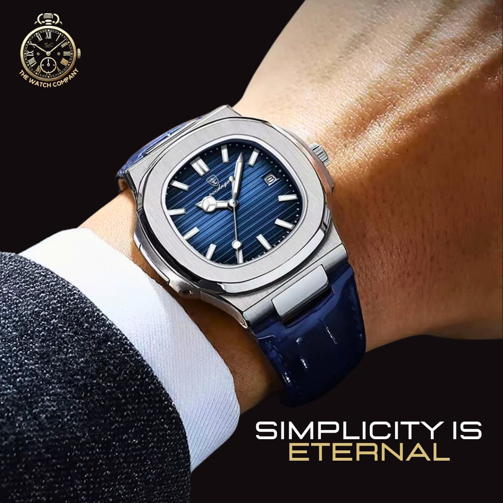 Luxury Blue Dial Automatic Watch – Stainless Steel Case & Leather Strap