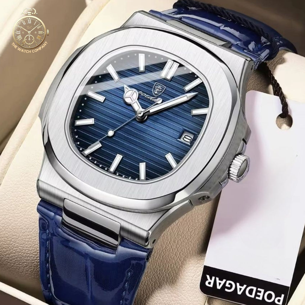 Luxury Blue Dial Automatic Watch – Stainless Steel Case & Leather Strap