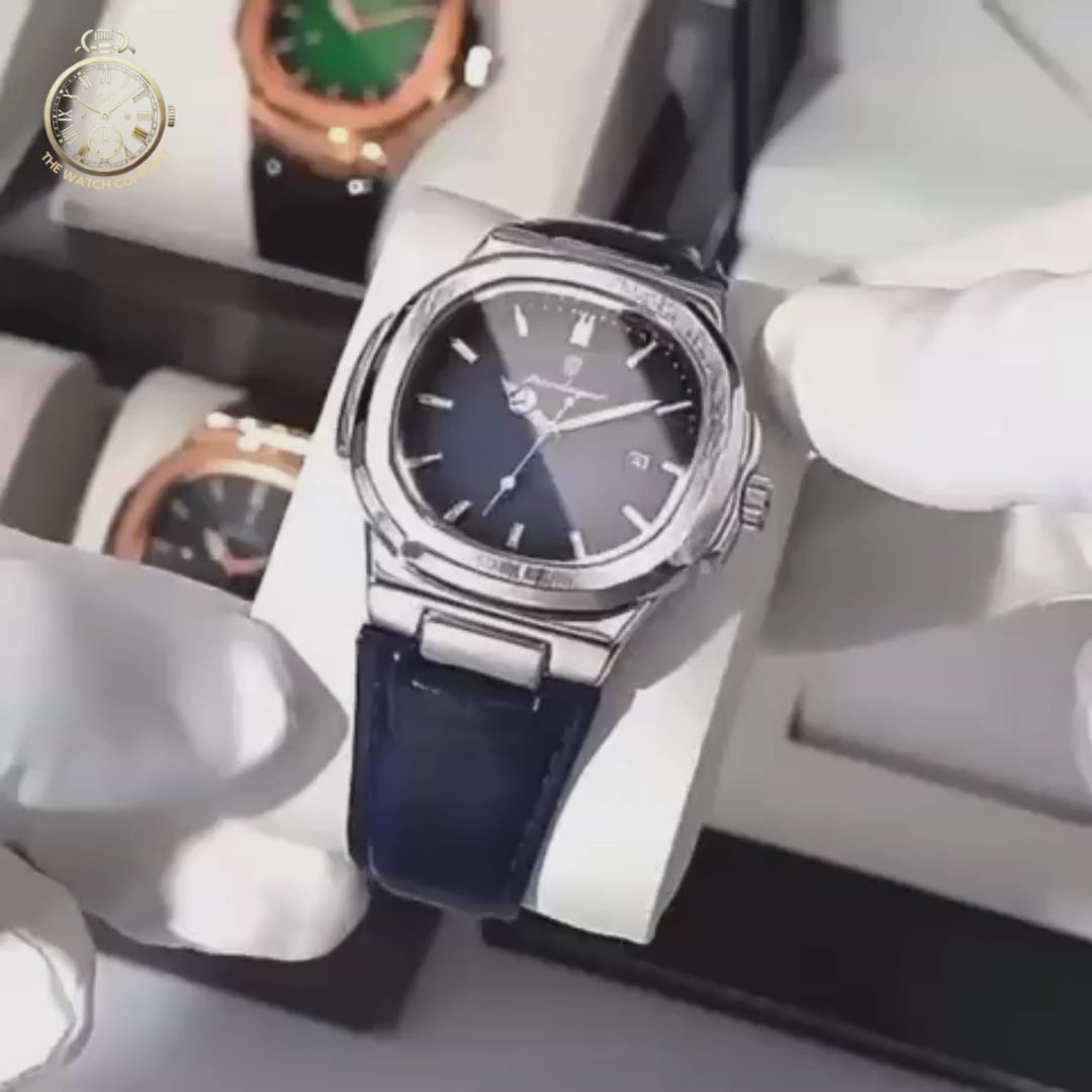Luxury Blue Dial Automatic Watch – Stainless Steel Case & Leather Strap